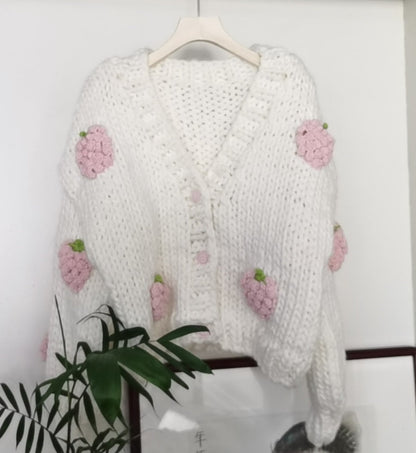 Dulcira | Women Cozy Cardigan with Cheerful Strawberry Pattern and Button Details