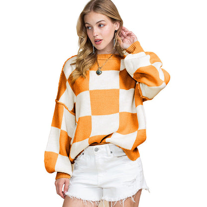 Dulcira | Women's Oversized Sweater with Check Pattern and Voluminous Sleeves