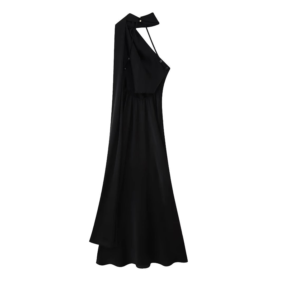 Ladies Evening Dress with Elegant Stand-Up Collar and Voluminous Cape Dulcira
