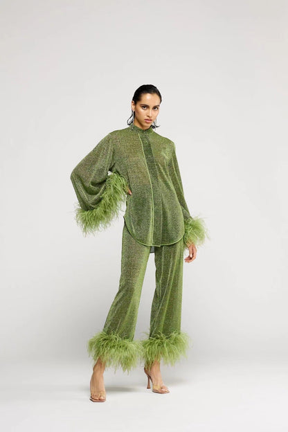 Dulcira | Autumn Winter Feather Stand Collar Long Sleeve Top and Pants Set