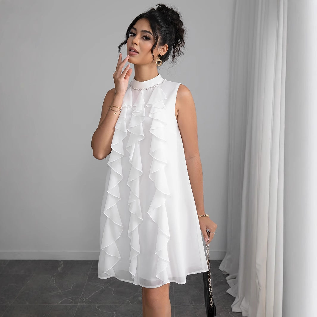 Women's Chiffon Dress with Voluminous Ruffle Details and Elegant Stand Collar Dulcira