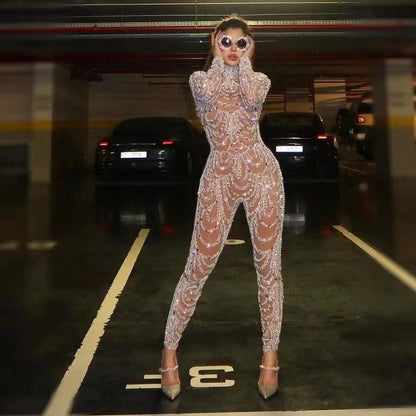 Dulcira | Figure-Hugging Translucent Sequin Dress Jumpsuit