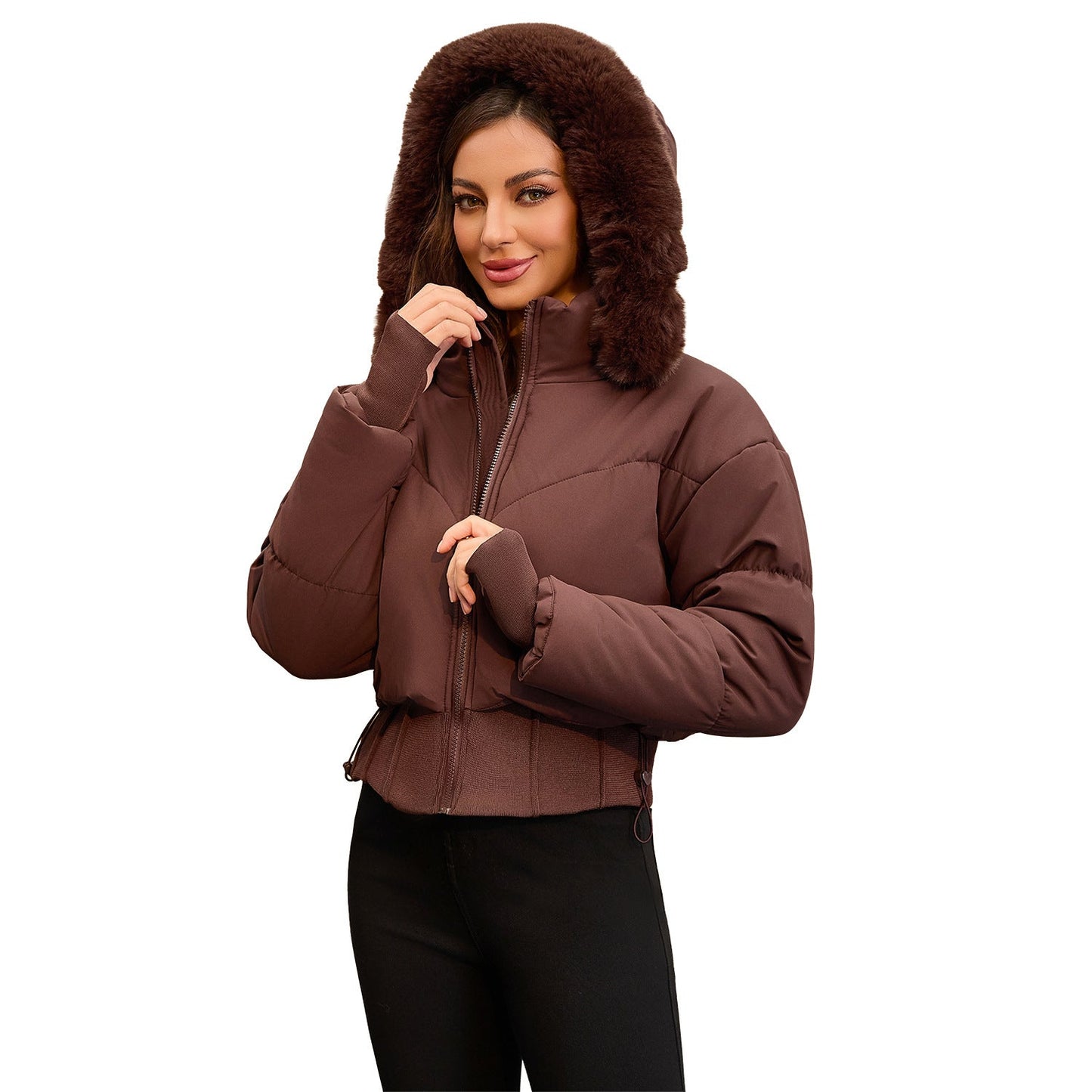Dulcira | Women's cropped down jacket with detachable hood and faux fur trim