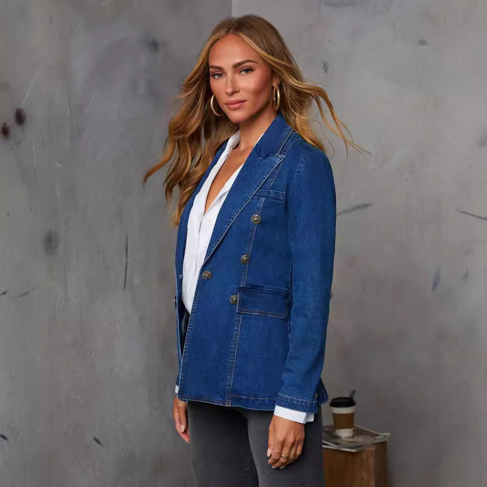 Ladies Denim Blazer In Elegant Double-Breasted Style Dulcira