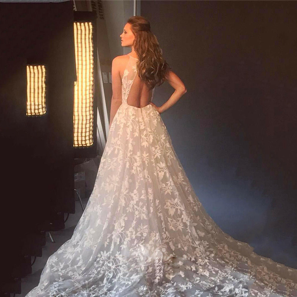 Ladies Wedding Dress with Deep V-Neck and Delicate Lace Dulcira