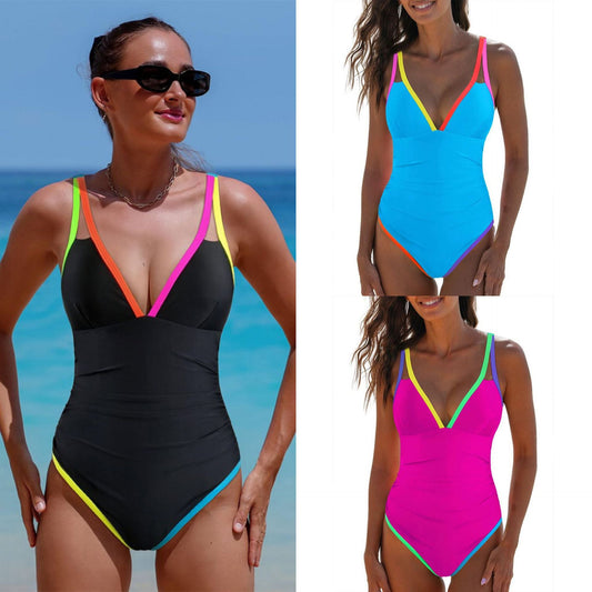 Women's One-Piece Swimsuit with Colorful Accents and Fashionable V-Neck Dulcira