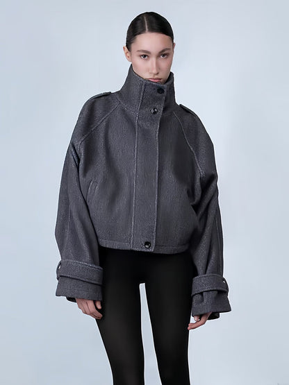 Women's Oversized Cropped Jacket with High Collar and Fancy Sleeve Dulcira