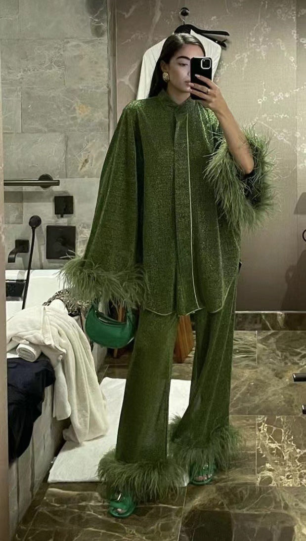 Dulcira | Autumn Winter Feather Stand Collar Long Sleeve Top and Pants Set
