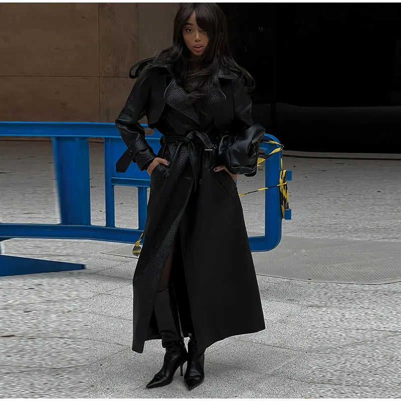 Dulcira | Women's Oversized Faux Leather Trench Coat with High Collar and Removable Belt