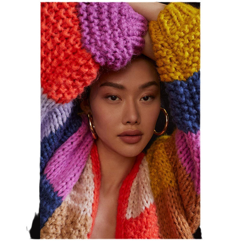 Dulcira | Women's Chunky Knit Cardigan with Colorful Patchwork Design