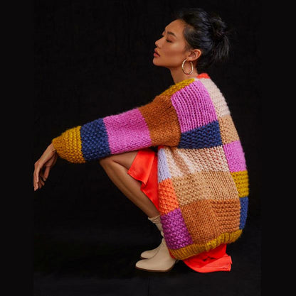 Dulcira | Women's Chunky Knit Cardigan with Colorful Patchwork Design