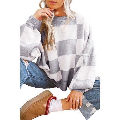 Dulcira | Women's Oversized Sweater with Check Pattern and Voluminous Sleeves