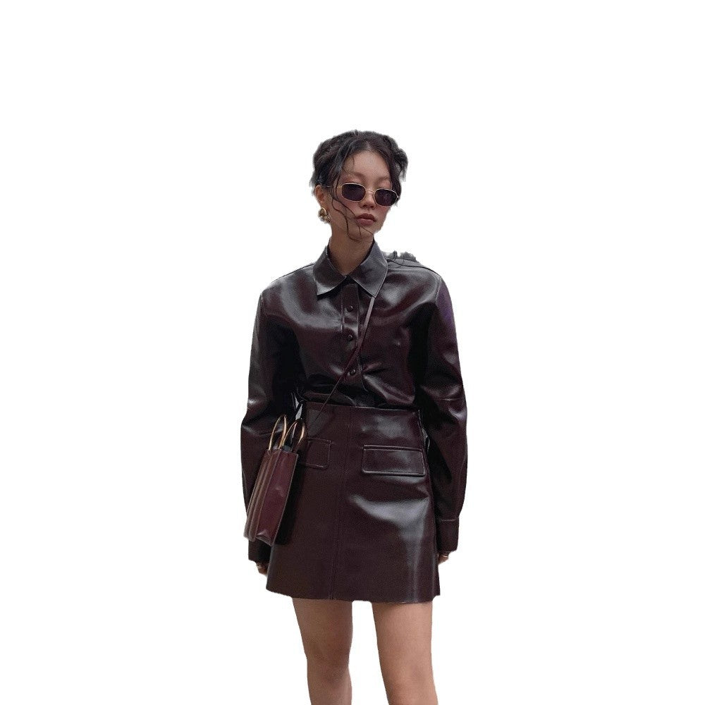 Dulcira | Ladies elegant artificial leather jacket with functional buttons and tailored silhouette