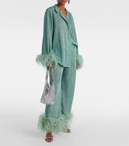 Dulcira | Autumn Winter Feather Stand Collar Long Sleeve Top and Pants Set