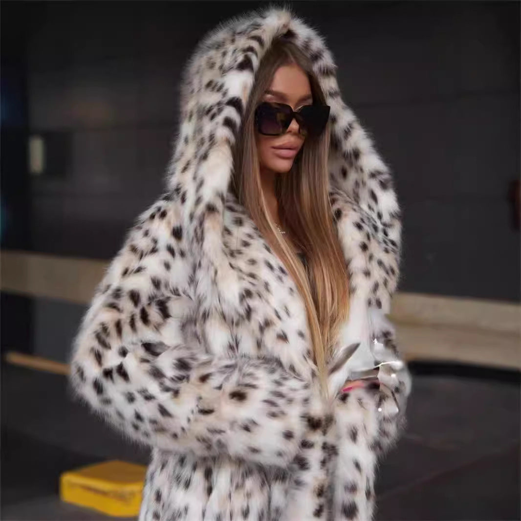 Women's Fluffy Faux Fur Coat with High Collar and Unique Pattern