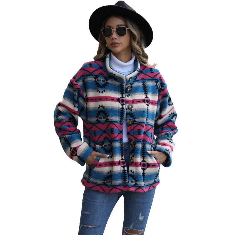 Dulcira | Women's Fleece Jacket In Boho Style with Unique Geometric Pattern and Large Buttons