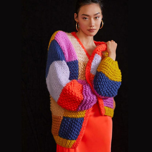 Dulcira | Women's Chunky Knit Cardigan with Colorful Patchwork Design