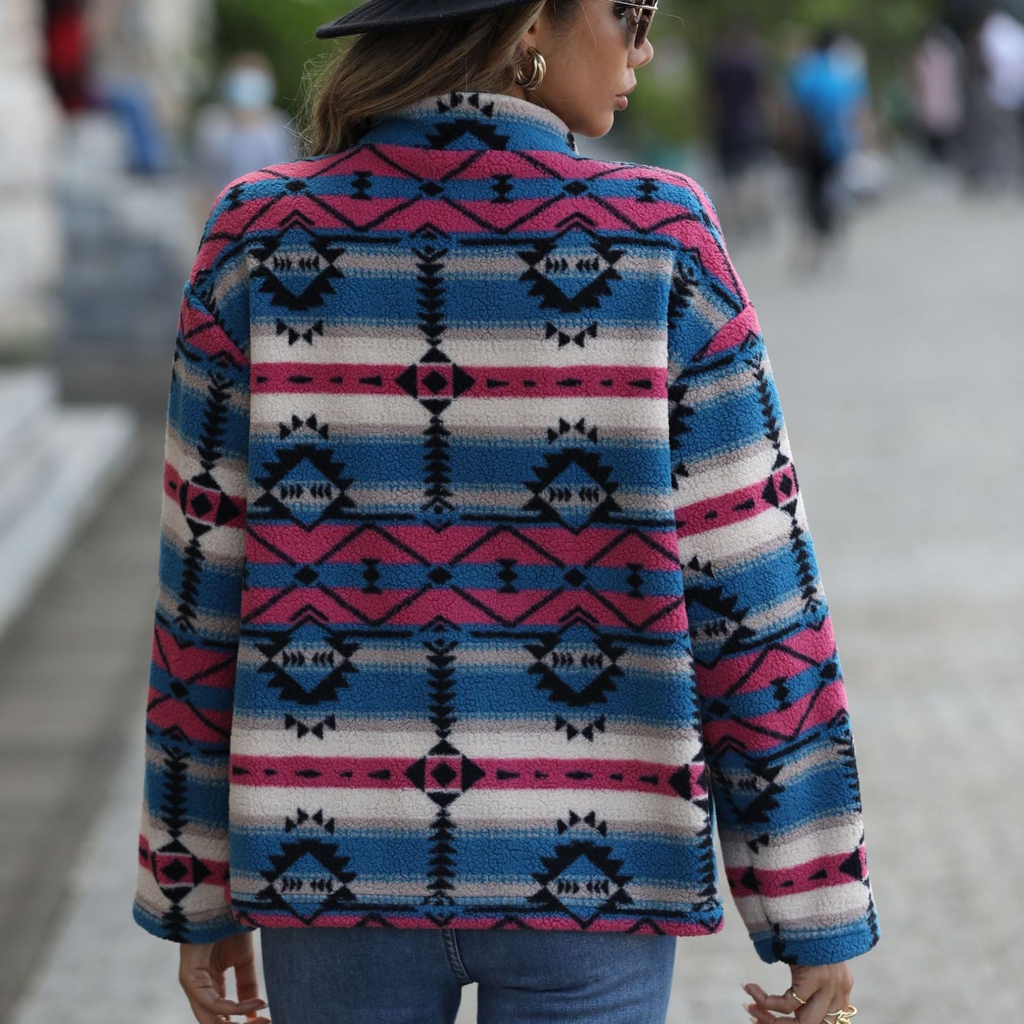 Dulcira | Women's Fleece Jacket In Boho Style with Unique Geometric Pattern and Large Buttons