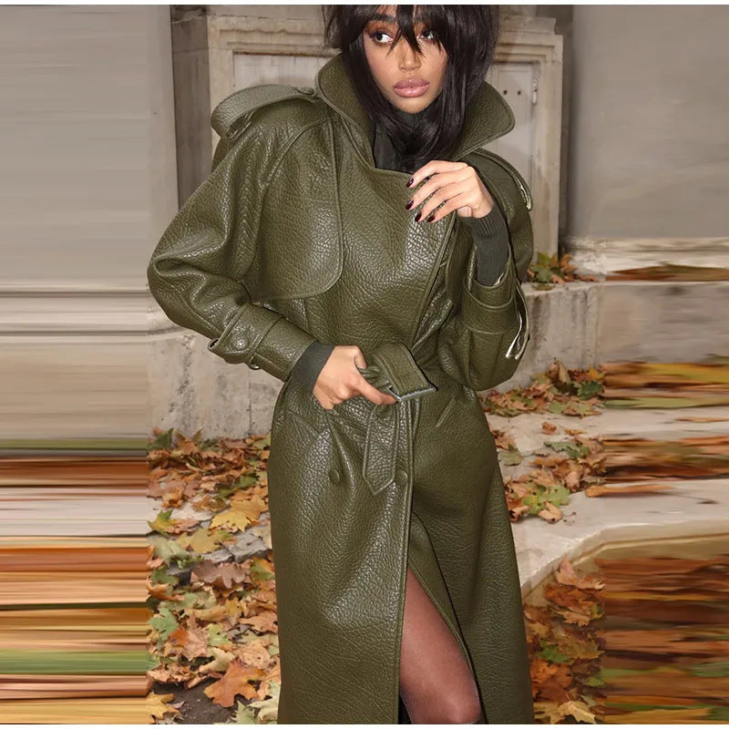 Dulcira | Women's Oversized Faux Leather Trench Coat with High Collar and Removable Belt