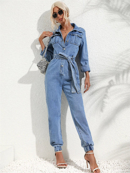 Dulcira | Casual Denim Jumpsuit with Belt and Long Sleeves for Women