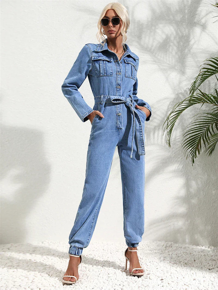 Dulcira | Casual Denim Jumpsuit with Belt and Long Sleeves for Women