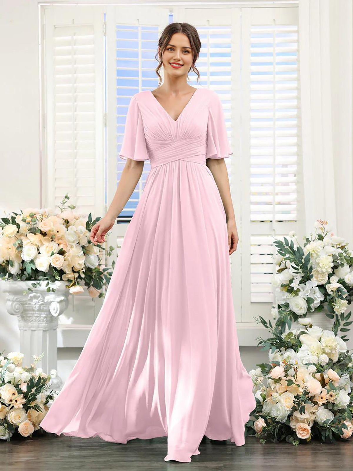 Dulcira | Flowing V Neck Chiffon Dress for Women