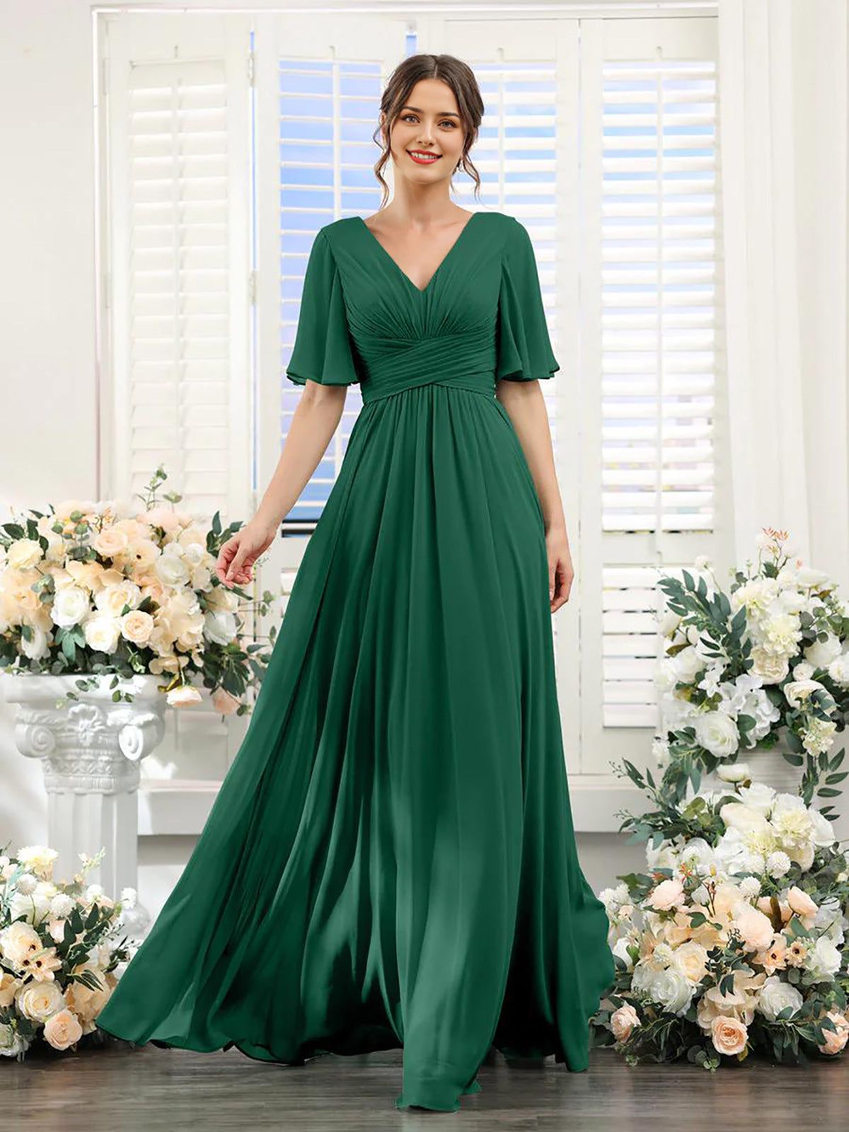 Dulcira | Flowing V Neck Chiffon Dress for Women
