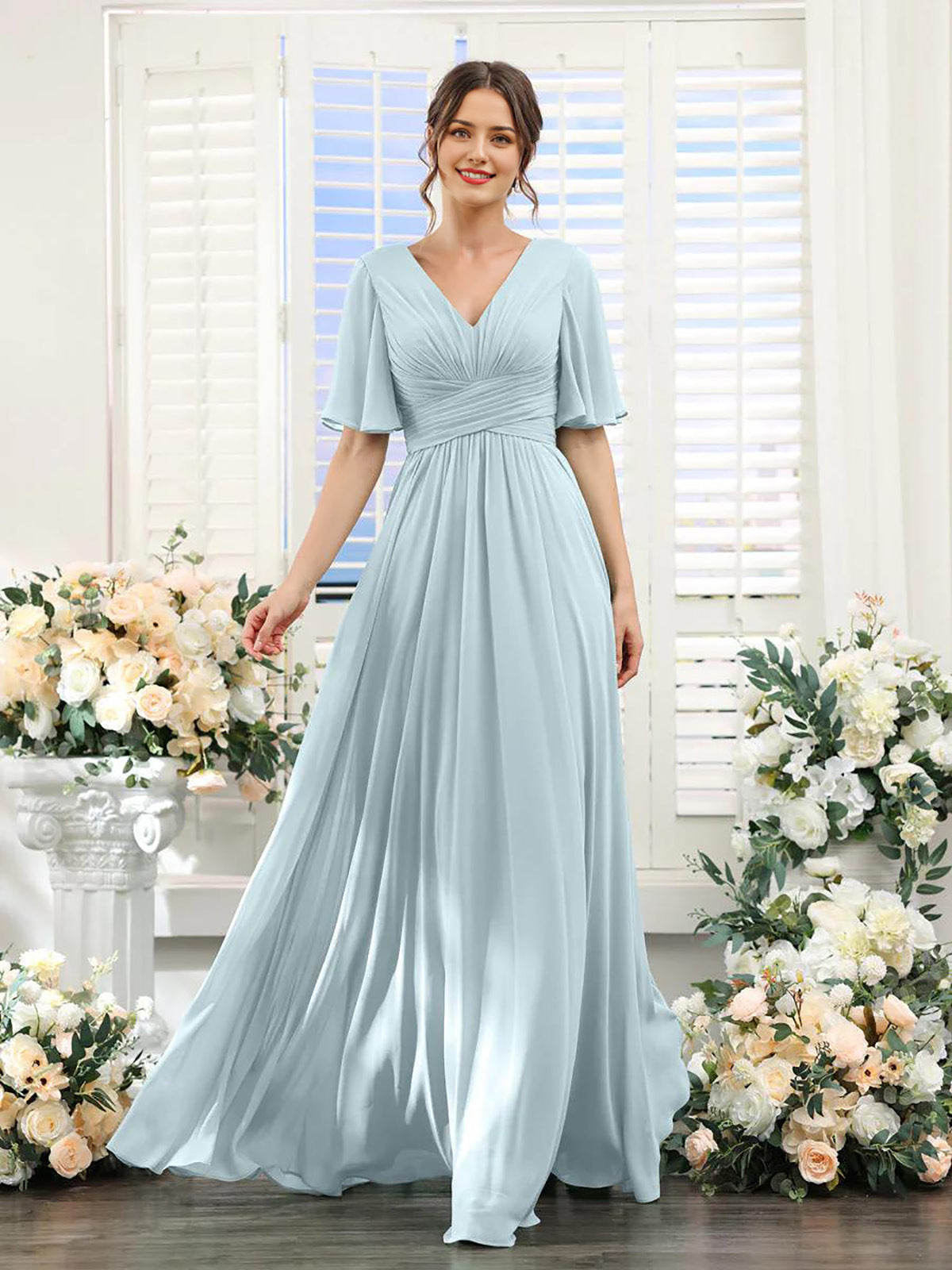 Dulcira | Flowing V Neck Chiffon Dress for Women