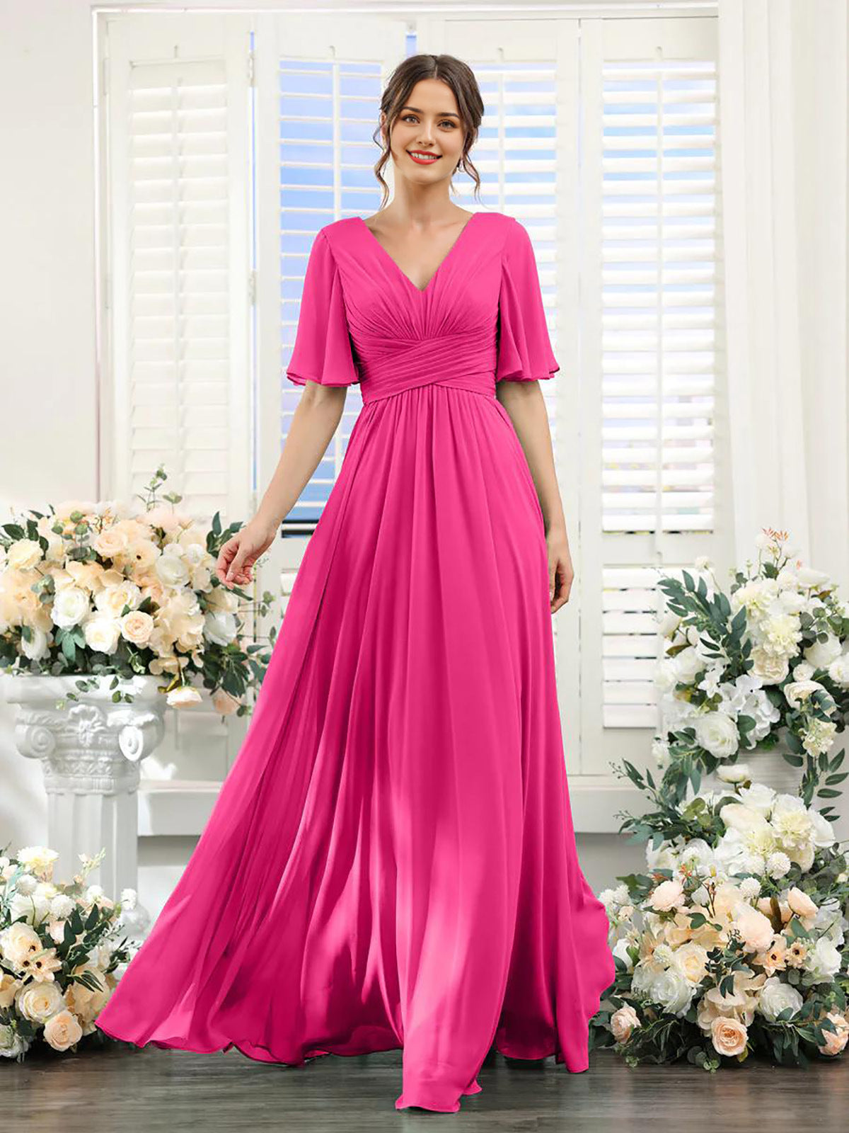 Dulcira | Flowing V Neck Chiffon Dress for Women
