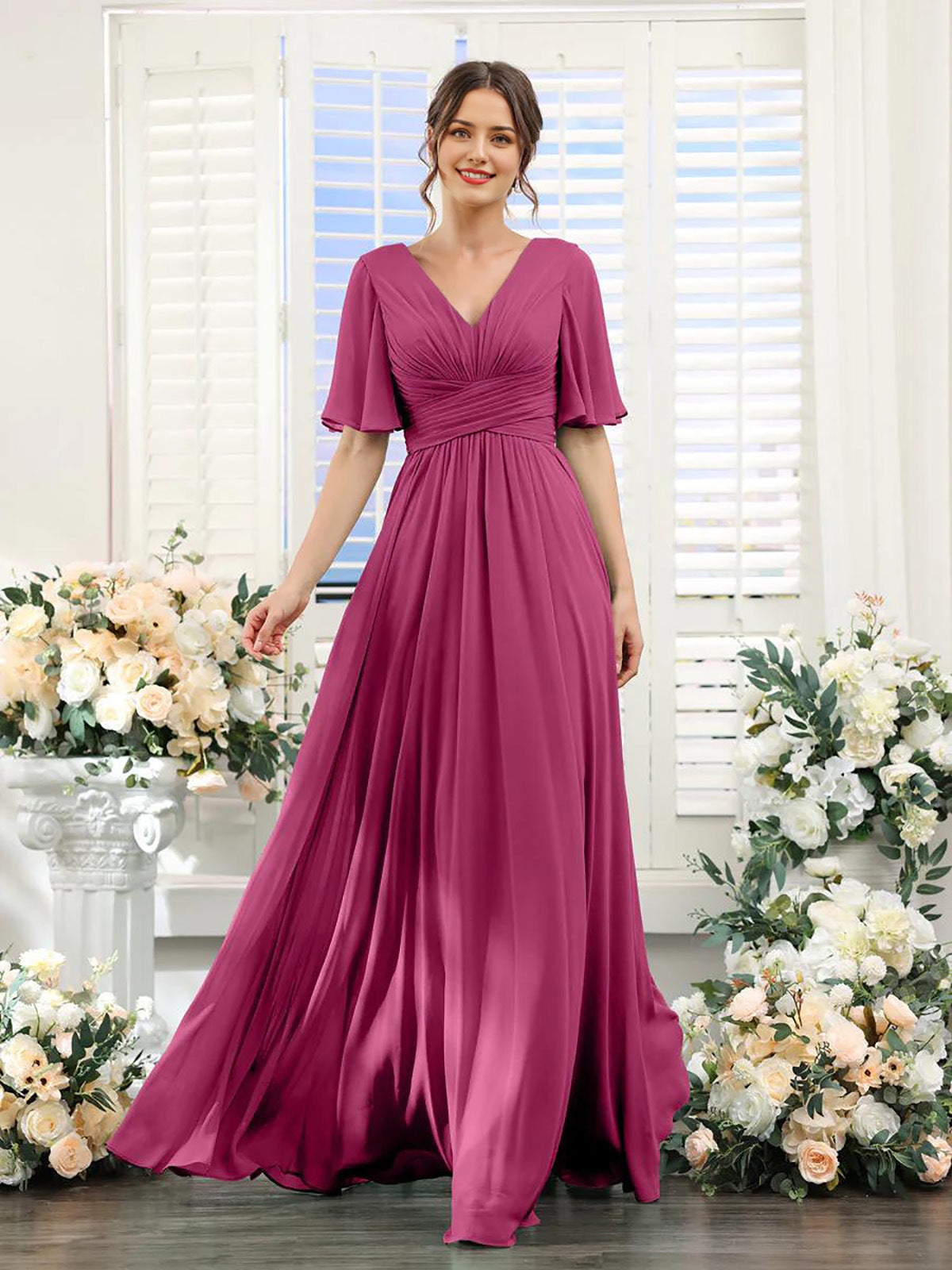 Dulcira | Flowing V Neck Chiffon Dress for Women