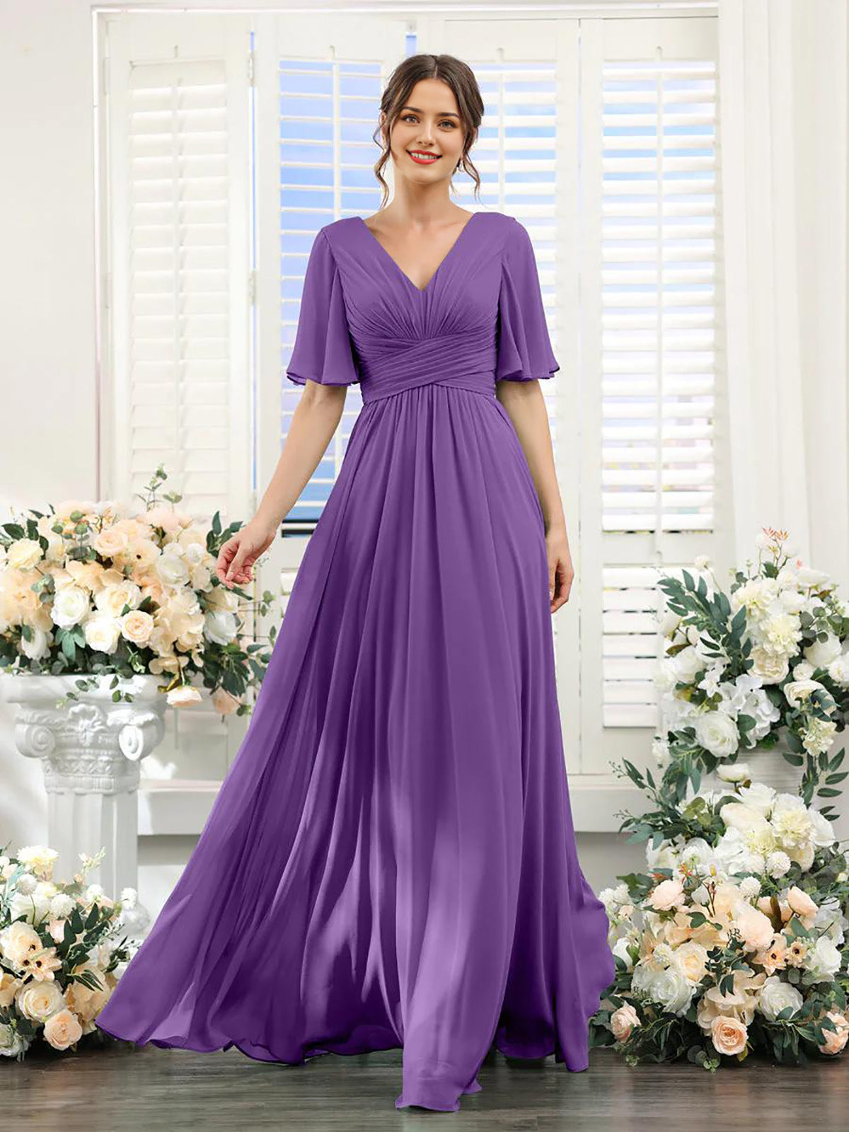 Dulcira | Flowing V Neck Chiffon Dress for Women