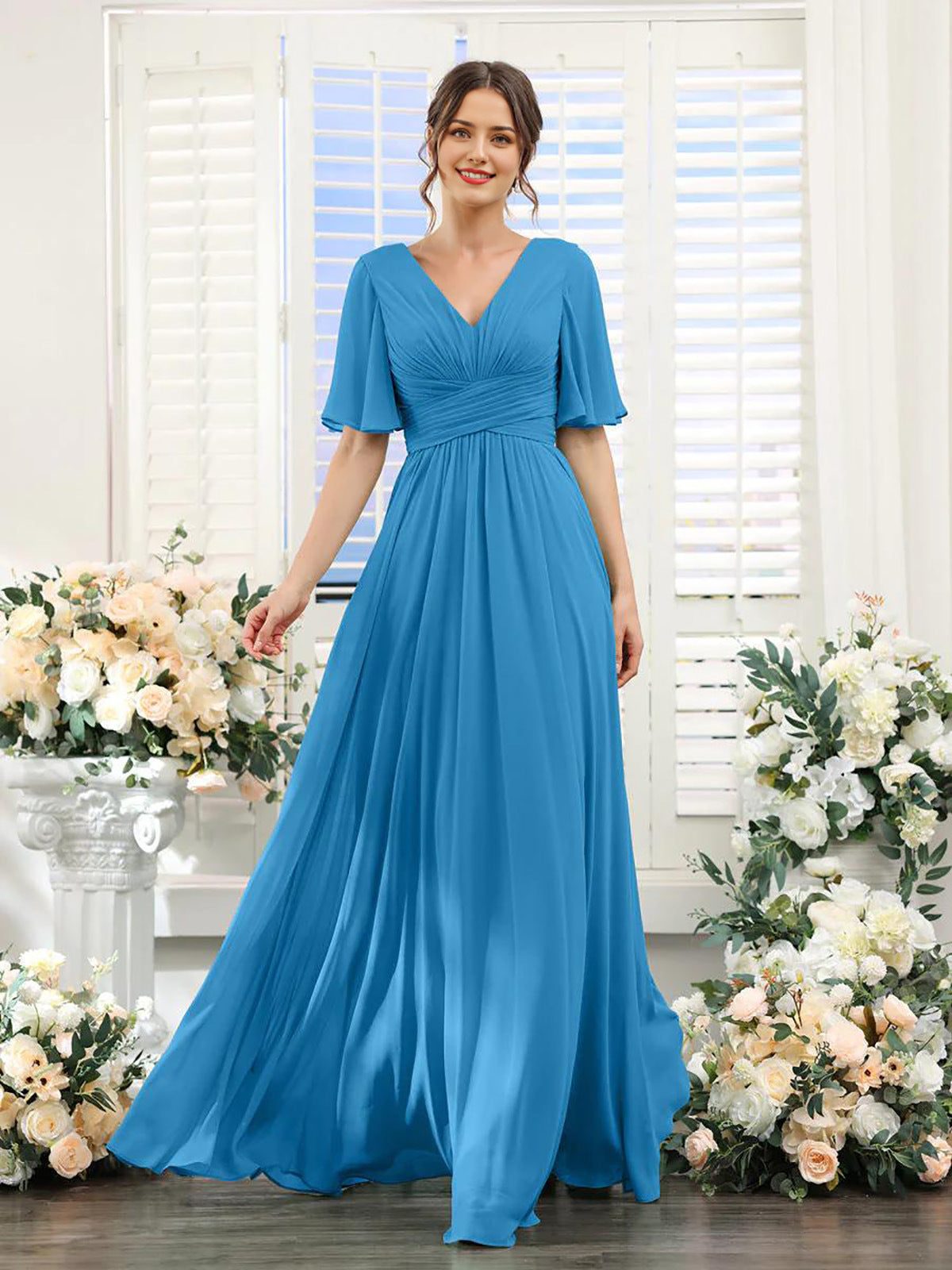 Dulcira | Flowing V Neck Chiffon Dress for Women