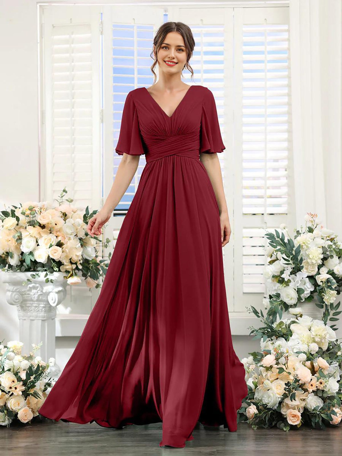 Dulcira | Flowing V Neck Chiffon Dress for Women