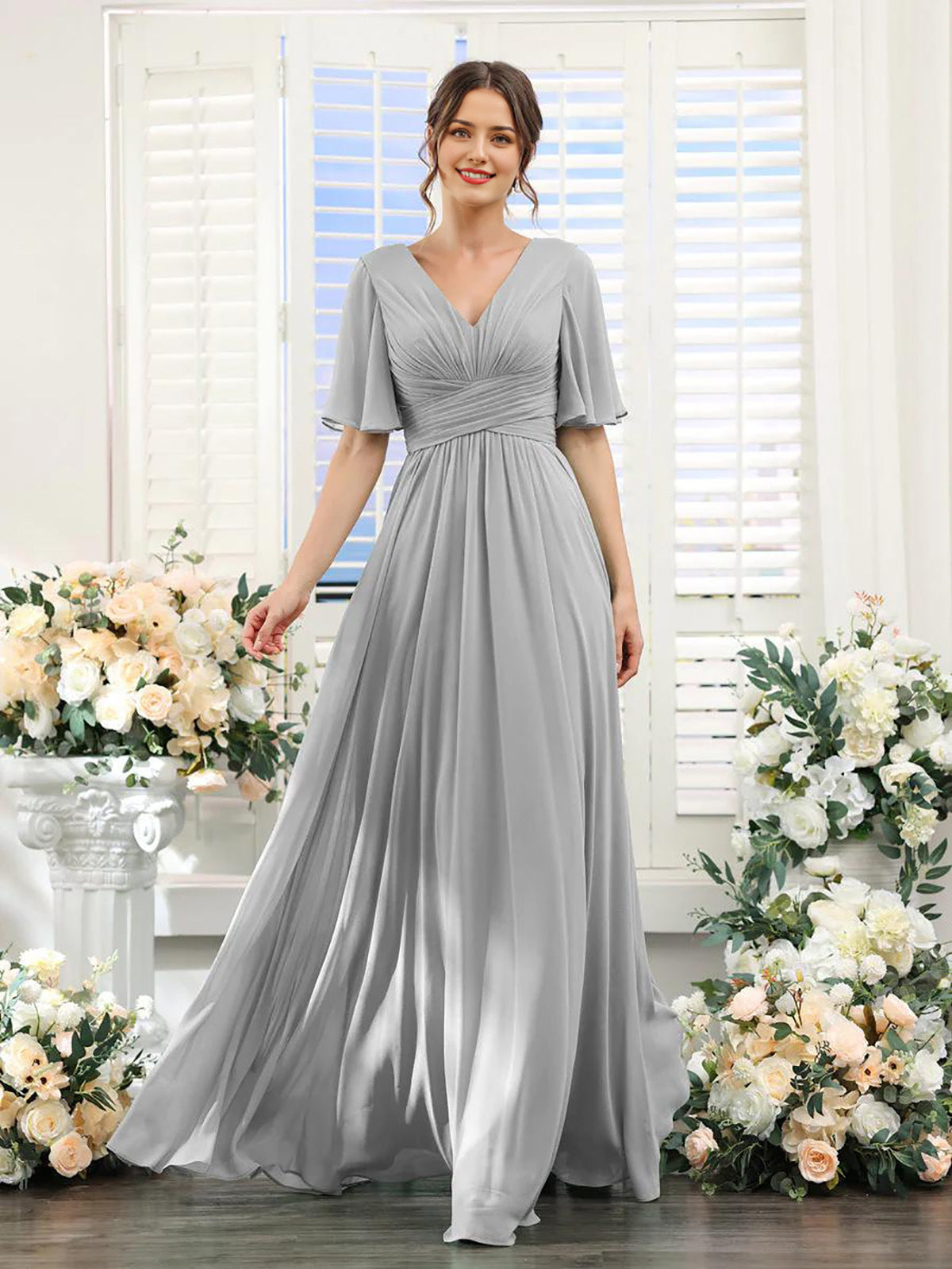 Dulcira | Flowing V Neck Chiffon Dress for Women