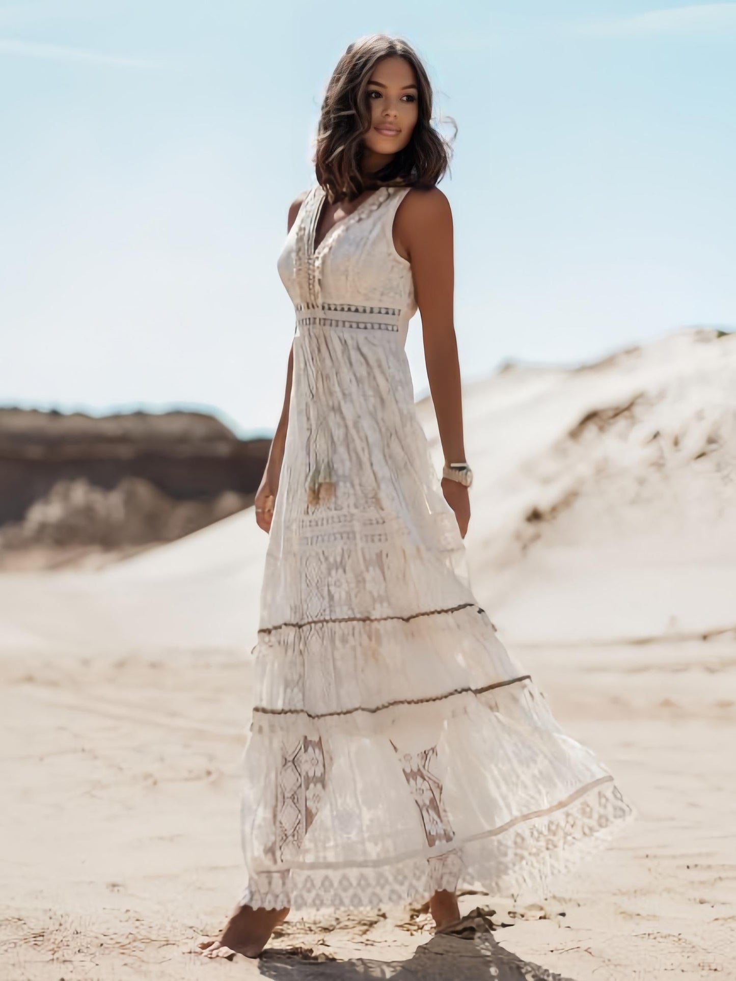 Dulcira | Summery Maxi Dress In Boho Style with Lace & Slit