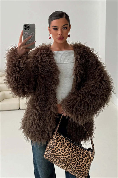Dulcira | Fluffy Brown Faux Fur Oversized Jacket