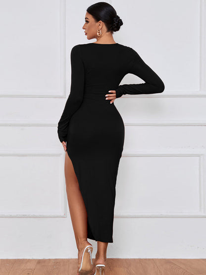 Dulcira | Women Long Dress Slim Body Pack Hip Tight Skirt Sexy Slit Long Sleeve Dress